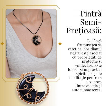 Colier Auriu Elegant in Forma de Semiluna cu Cristal Obsidian, Lungime Lant Ajustabila 34-38 cm [5]
