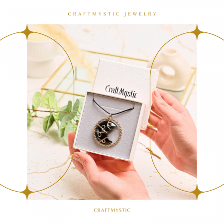 Colier Auriu Elegant in Forma de Semiluna cu Cristal Obsidian, Lungime Lant Ajustabila 34-38 cm [6]