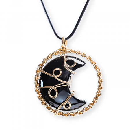 Colier Auriu Elegant in Forma de Semiluna cu Cristal Obsidian, Lungime Lant Ajustabila 34-38 cm [7]