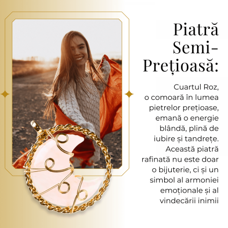 Colier Rafinat Auriu in Forma de Semiluna cu Cristal Cuart Roz [6]