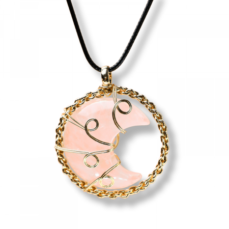 Dragoste si relatii - Colier Rafinat Auriu in Forma de Semiluna cu Cristal Cuart Roz