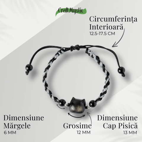 Bratara Ajustabila cu Pisica din Obsidian de Gheata si Agata Neagra Naturala – Talisman al Protectiei si Claritatii [2]