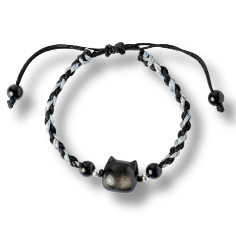 Capricorn - Bratara Ajustabila cu Pisica din Obsidian de Gheata si Agata Neagra Naturala – Talisman al Protectiei si Claritatii