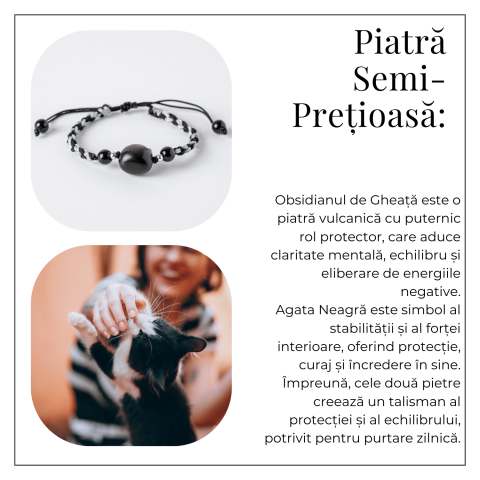 Bratara Ajustabila cu Pisica din Obsidian de Gheata si Agata Neagra Naturala – Talisman al Protectiei si Claritatii [5]