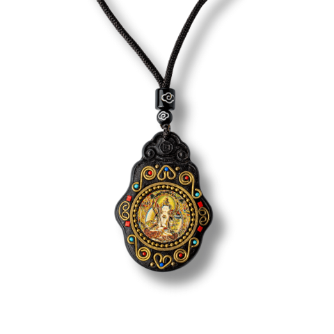 Balanta - Colier Thangka Nepalez din Lemn de Abanos cu Zeita Saraswati – Claritate Spirituala si Inspiratie Divina