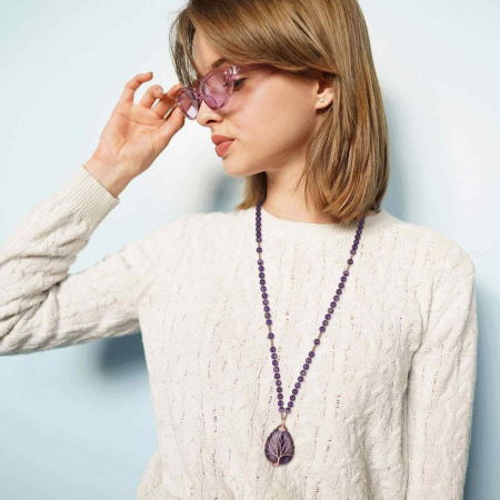 Colier cu pandativ din Ametist natural invelit cu sarma model Arborele vietii si margele 8mm - Cadou pentru mame, iubita [4]