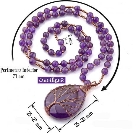 Colier cu pandativ din Ametist natural invelit cu sarma model Arborele vietii si margele 8mm - Cadou pentru mame, iubita [1]