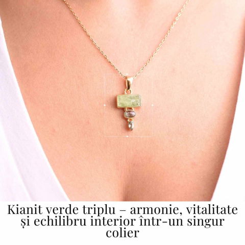 Echilibru si Vindecare Emotionala – Colier inox si pandantiv argint 925 placat cu aur de18k si Triplu Kyanit Verde [1]