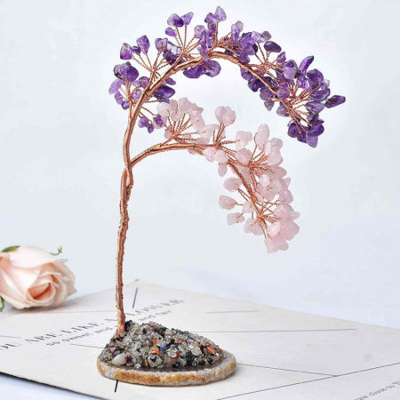 Copac pietre semipretioase ametist si cuart Roz pe felie de agat – Decor cristal feng shui, accesorii pentru birou, cristale pentru meditatie [2]