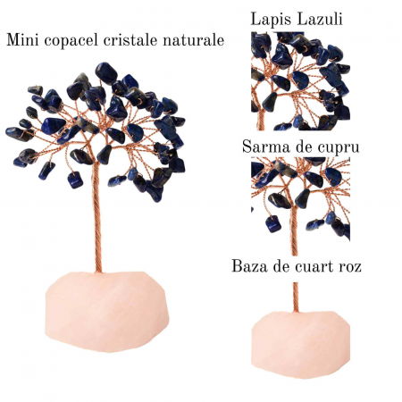 Copacel 10-11 cm din cristale naturale Lapis Lazuli cu baza de Cuart Roz cu 6 ramuri și 54 mini pietre semiprețioase - Armonie si bunastare [2]