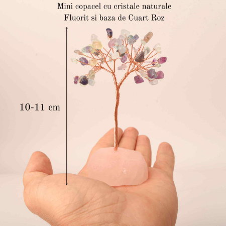 Copacel 10-11 cm din cristale naturale Fluorit cu baza de Cuart Roz cu 6 ramuri și 54 mini pietre semiprețioase - Echilibru si armonie [1]