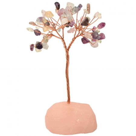 Copacel 10-11 cm din cristale naturale Fluorit cu baza de Cuart Roz cu 6 ramuri și 54 mini pietre semiprețioase - Echilibru si armonie