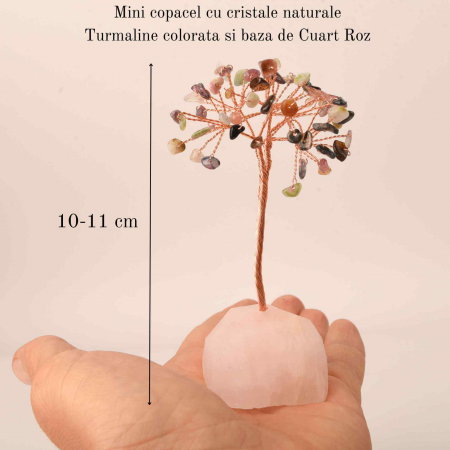 Copacel 10-11 cm din cristale naturale Turmalina colorata cu baza de Cuart Roz cu 6 ramuri și 54 mini pietre semiprețioase - Protectie si iubire [1]