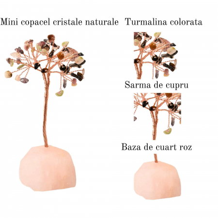 Copacel 10-11 cm din cristale naturale Turmalina colorata cu baza de Cuart Roz cu 6 ramuri și 54 mini pietre semiprețioase - Protectie si iubire [2]