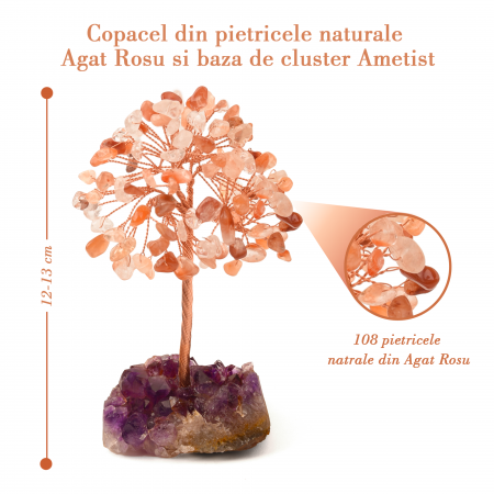 Copacel 12-13 cm cu 108 pietre naturale semipretioase Agat Rosu pe baza de Ametist cluster [1]