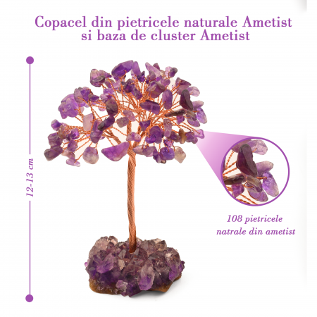 Copacel 12-13 cm cu 108 pietre naturale semipretioase Ametist pe baza de Ametist cluster [1]