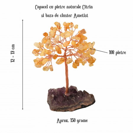 Copacel 12-13 cm cu 108 pietre naturale semipretioase Citrin pe baza de Ametist cluster - Arborele vietii pentru noroc, decor interior, exterior [1]