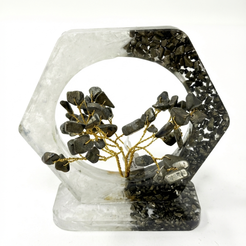 Copaci cu cristale - Copac Orgon cu Pirita si Selenit – Forma Hexagonala 10×10 cm