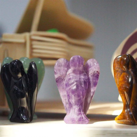 Figurina 5 cm inger din cristal vindecator Ametist - Sculptura manuala din piatra naturala lustruita - Decor pentru camera birou cu energie reiki pentru femei barbati [4]