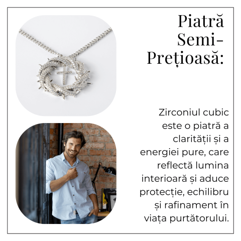Protectie si Credinta – Colier Cruce cu Zirconiu si Coroana Circulara, Placat Argintiu [5]