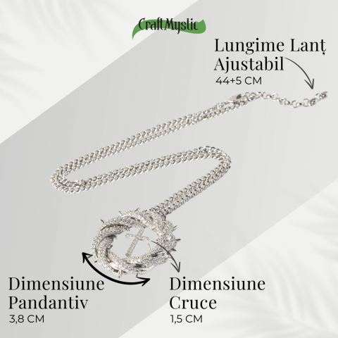 Protectie si Credinta – Colier Cruce cu Zirconiu si Coroana Circulara, Placat Argintiu [4]