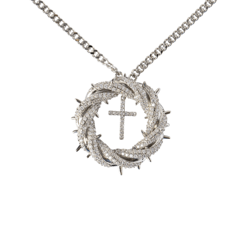 Incredere si Curaj - Protectie si Credinta – Colier Cruce cu Zirconiu si Coroana Circulara, Placat Argintiu