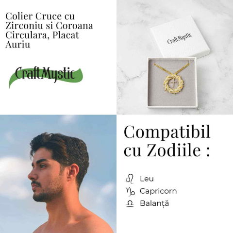 Credinta si Protectie – Colier Cruce cu Zirconiu si Coroana Circulara, Placat Auriu [3]