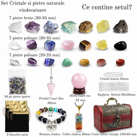 Set 28 piese cu cristale vindecatoare naturale - Contine 14 cristale naturale polisate si 7 pietre brute, sfera, pendul, selenit, bratara, colier, cristal stanca, pietre sparte [1]