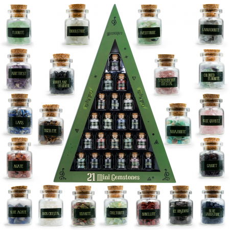 Set 21 Sticlute cu Mini Cristale si Pietre Semipretioase pentru Ritualuri Magice