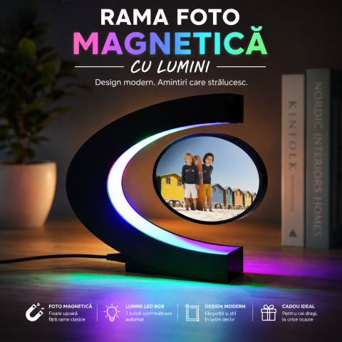 Rama Foto Magnetica Levitanta Forma C cu Iluminare RGB si Rotire 360° [2]