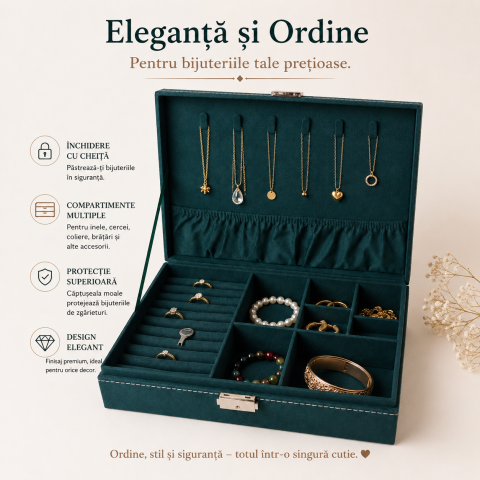 Cutie Dreptunghiulara pentru Bijuterii din Catifea Verde – Organizare Eleganta si Protectie [4]