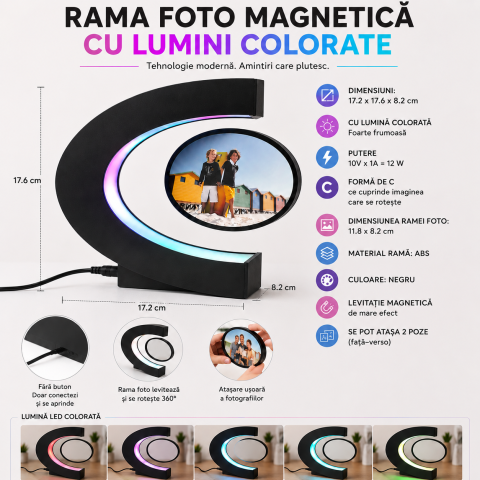 Rama Foto Magnetica Levitanta Forma C cu Iluminare RGB si Rotire 360° [4]