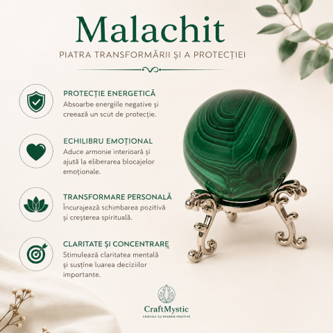 Sfera din Malachit Natural cu Suport Metalic – Protectie, Echilibru si Transformare [4]