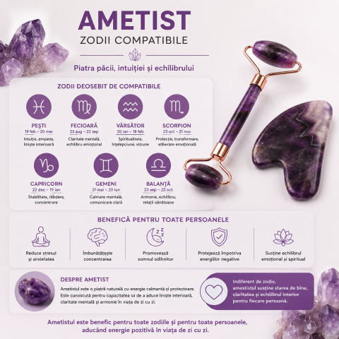 Set Gua Sha si Roller din Ametist Natural – Calm, Echilibru si Frumusete Radianta [5]