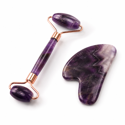 Cristale pentru zodii - Set Gua Sha si Roller din Ametist Natural – Calm, Echilibru si Frumusete Radianta