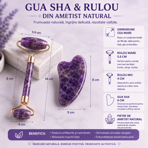 Set Gua Sha si Roller din Ametist Natural – Calm, Echilibru si Frumusete Radianta [4]