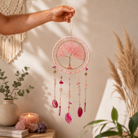 Dreamcatcher Arborele Vietii cu Cuart Roz si Agat – Iubire, Armonie si Energie Pozitiva [1]