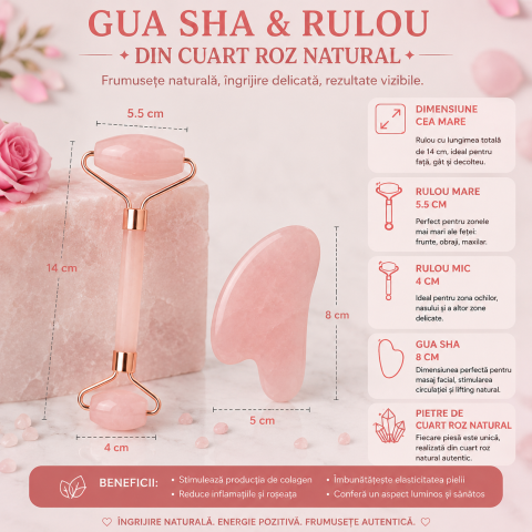 Set Gua Sha si Roller din Cuart Roz Natural – Frumusete, Relaxare si Energie Pozitiva [3]