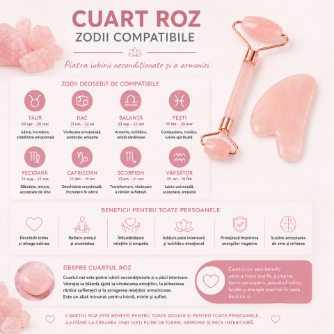 Set Gua Sha si Roller din Cuart Roz Natural – Frumusete, Relaxare si Energie Pozitiva [5]