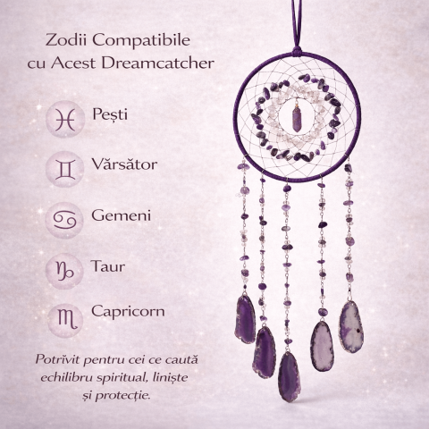 Dreamcatcher cu ametist, cuart transparent si agat – un simbol al claritătii si linistii interioare [3]