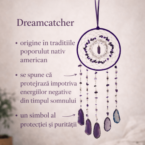 Dreamcatcher cu ametist, cuart transparent si agat – un simbol al claritătii si linistii interioare [2]
