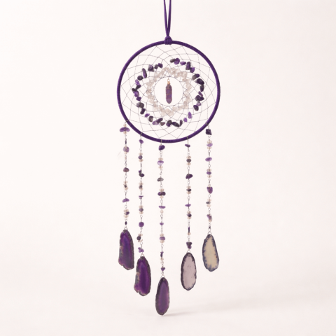 Dreamcatcher cu ametist, cuart transparent si agat – un simbol al claritătii si linistii interioare [7]