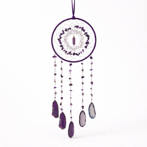 Pesti - Dreamcatcher cu ametist, cuart transparent si agat – un simbol al claritătii si linistii interioare