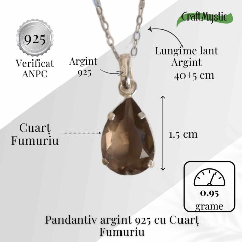 Echilibru si Protectie – Colier Cuart Fumuriu fatetat Lacrima Argint 925 [4]