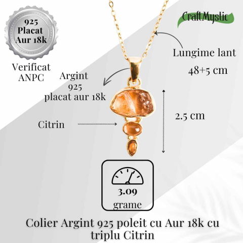 Energie Pozitiva si Prosperitate –Colier inox si pandantiv argint 925 placat cu aur de18k si Triplu Citrin [4]
