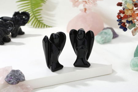 Figurina 5 cm inger din cristal vindecator Obsidian - Sculptura manuala din piatra naturala lustruita - Decor pentru camera birou cu energie reiki pentru femei barbati - Copie [4]