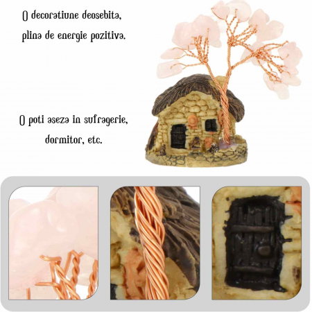 Figurina casuta cu ramuri din cristale naturale Cuart Roz - Decoratiune interior sau exterior, pentru casa, birou, acvariu [3]