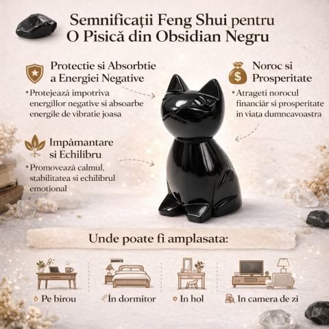 Pisica din Obsidian Negru natural Mexic – protectie Feng Shui, noroc si echilibru energetic [1]