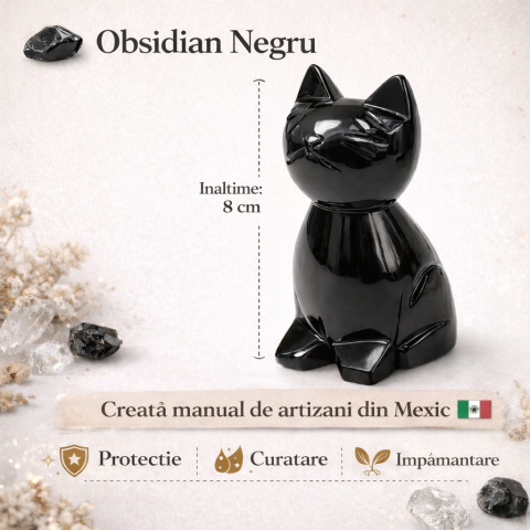 Pisica din Obsidian Negru natural Mexic – protectie Feng Shui, noroc si echilibru energetic [2]