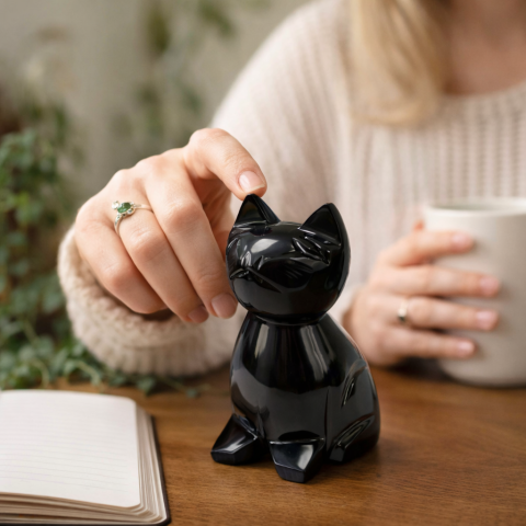 Pisica din Obsidian Negru natural Mexic – protectie Feng Shui, noroc si echilibru energetic [3]